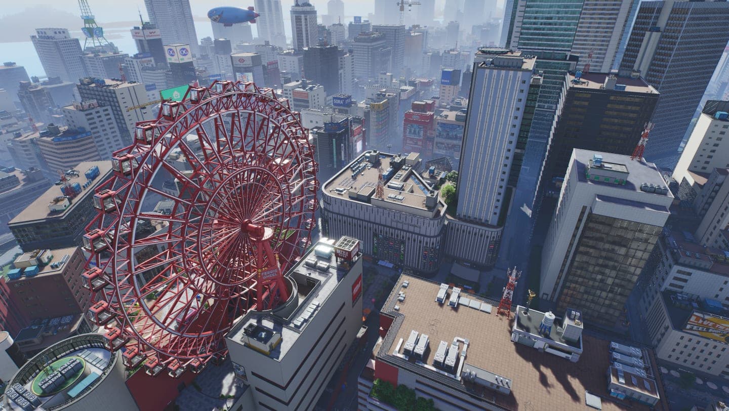 Downtown Nova City from above: a red Ferris wheel among office towers and shopping streets, with an airship in the sky