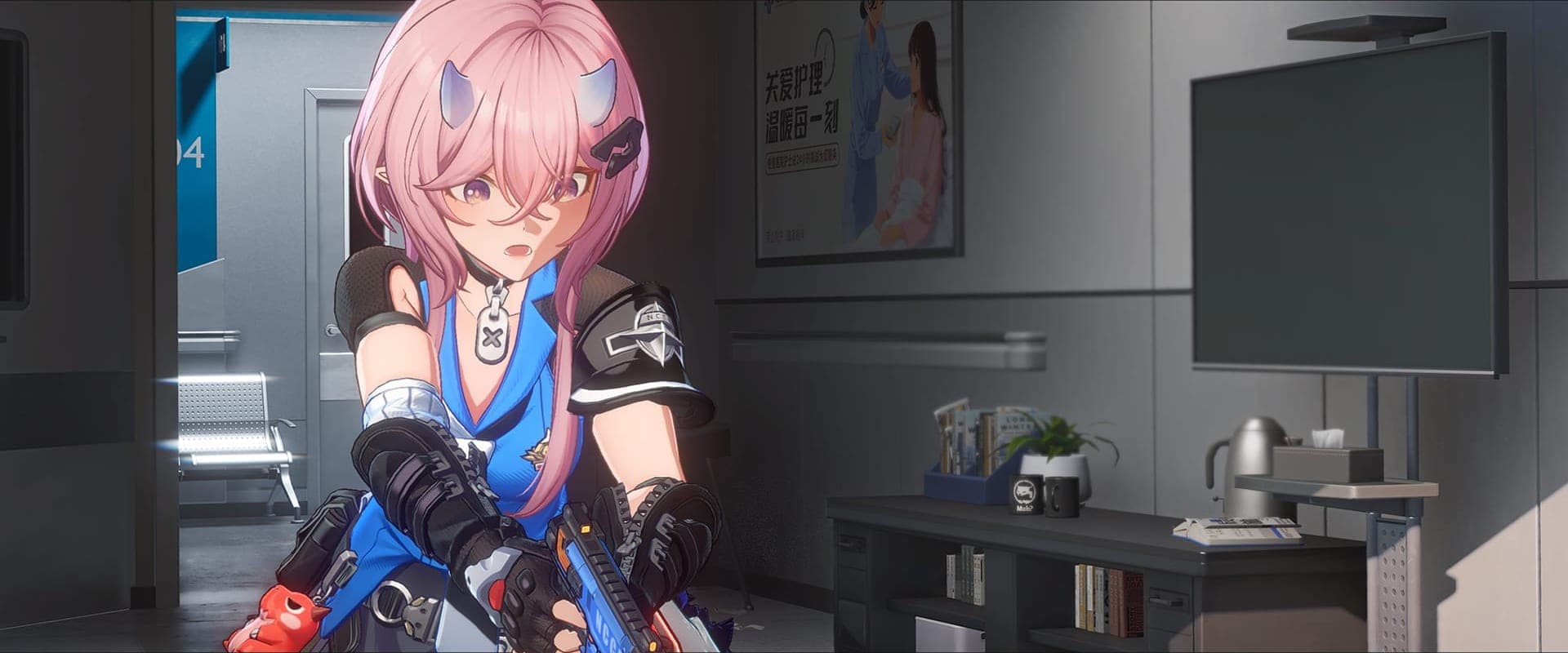Richie, a pink-haired police officer with small horns and a blue vest, aiming a pistol in an office