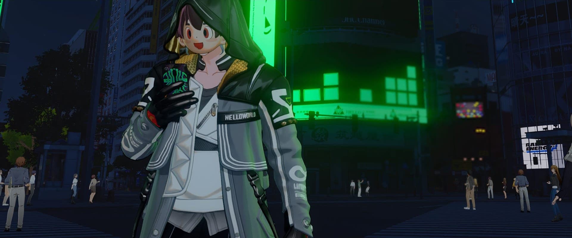 Seymour, a hacker in a green hood and a cartoon face mask, standing on a city street at night under green neon signs